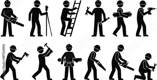 Construction worker pictogram icon set showing builders performing various labor tasks using tools isolated black silhouettes