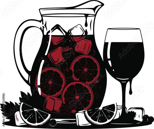 Red Wine Sangria with Citrus and Berries in a Pitcher and Glass, Isolated Vector Illustration