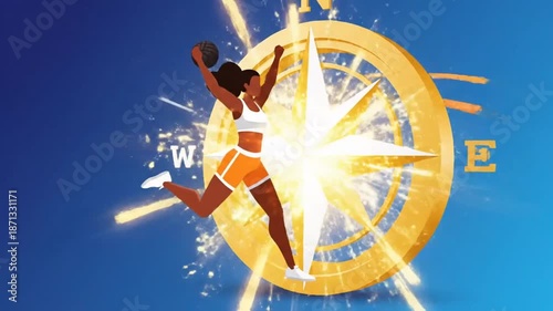 Determination Prevails Sportswoman Achieving Triumph with Precision Golden Compass Animated Visuals