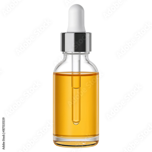 Clear Amber Bottle With Dropper Lid Sits on a Flat Surface in a Well-Lit Area