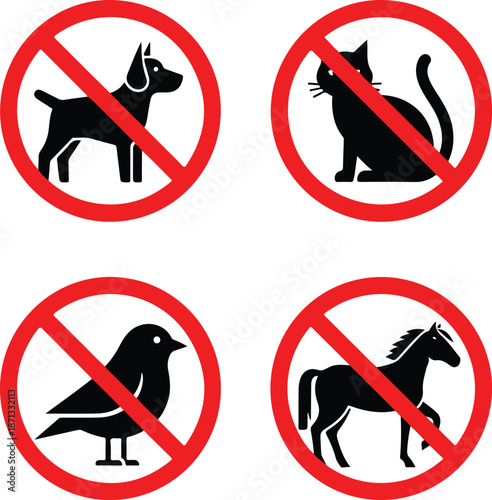 Animals prohibited icon set showing banned dog cat bird and horse symbols inside red forbidden circles no animals allowed signage