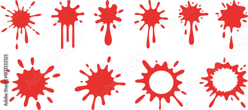 Red paint splatter and blood drip icons, liquid spray ink blot set for creative design element