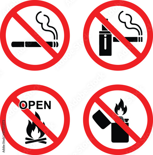 Smoking and fire prohibition icon set showing banned cigarette vaping open flame and lighter symbols inside red forbidden circles safety warning