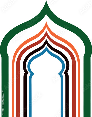 Multicolored archway with green, orange, black, red, and blue lines