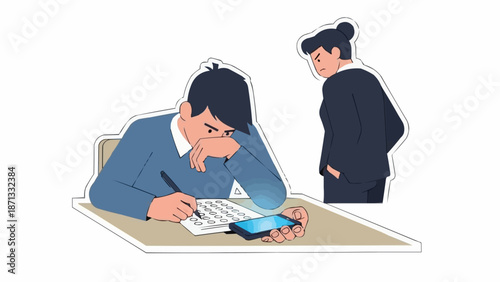 Student caught using phone during exam by teacher illustration.