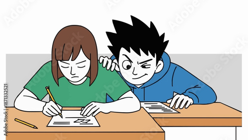 Student cheating on exam looking at classmate paper.