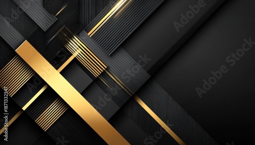 Abstract geometric black and gold background with textured lines and shapes