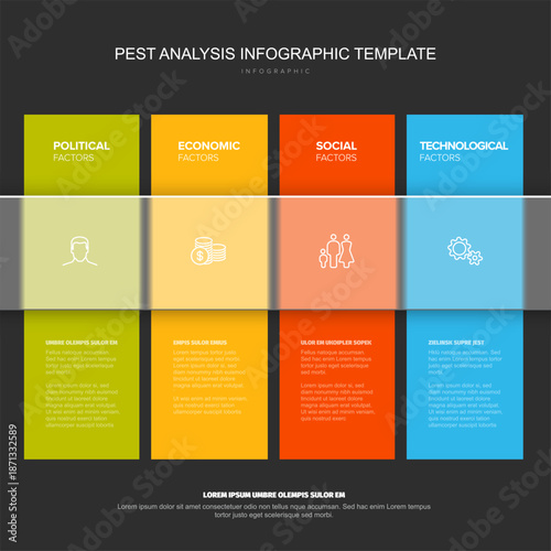 PEST analysis infographic template visually presents key business factors: Political Economic Social and Technological. PEST analysis infographic template perfect for strategic planning and analysis