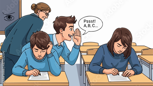 Student cheating on exam while teacher watches closely.
