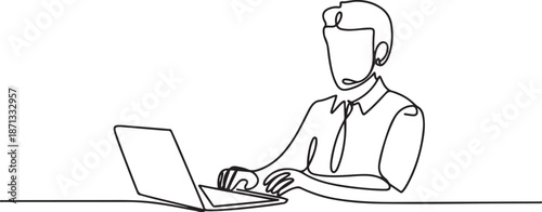 Continuous one line drawing Customer service is constantly meeting with costumer by laptop.one line vector illustration with out background