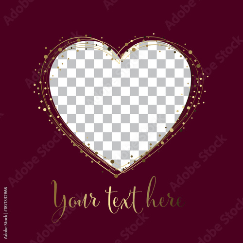 A beautiful heart shape photo frame with golden lines and scattered dots on a rich maroon background. The heart frame is ideal for romantic messages, love-themed designs, and personalized greetings