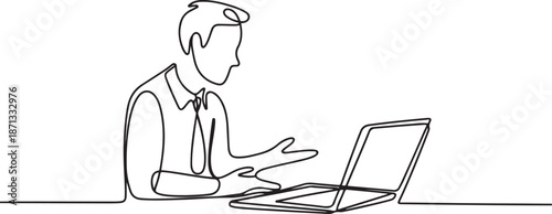 Continuous one line drawing Customer service is constantly meeting with costumer by laptop.one line vector illustration with out background