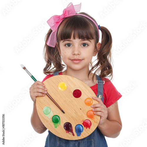 Young Child Holds a Paint Palette and Brush While Smiling and Posing for a Cr...