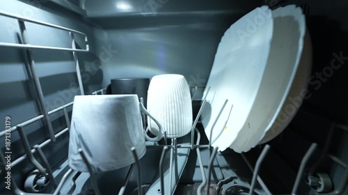Inside view of dishwasher with mugs, cups, and plates arranged on metal rack. Soft internal light highlights textures. Dark background, focused on dishware and structure.