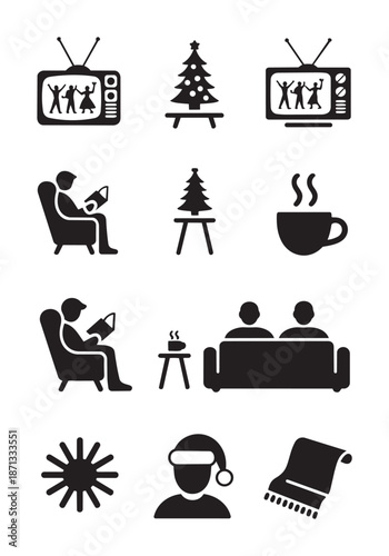 Black and white of people watching tv and celebrating christmas tree couch