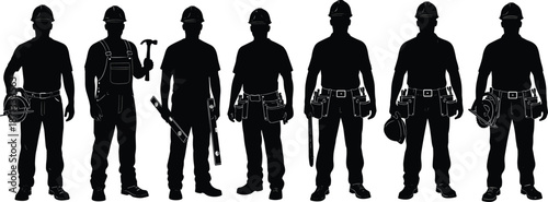 Construction worker silhouette group showing skilled builders holding tools and helmets standing together isolated on white background vector illustration