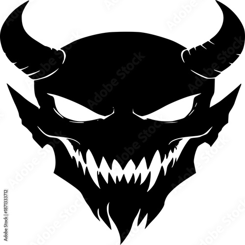 Sinister Silhouette: An ominous, black silhouette of a horned demon, baring its menacing fangs, evokes a sense of dread and dark power.