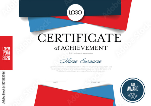 Certificate of achievement template with a striking geometric design in red and blue. Certificate template perfect for recognizing achievements and presenting awards with sleek and professional layout