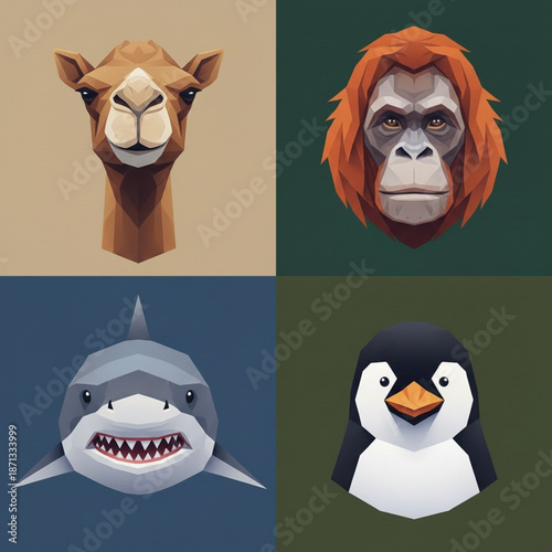 Low-poly geometric portraits of a camel, orangutan, shark, and penguin capture a diverse journey through desert, rainforest, ocean, and polar habitats.