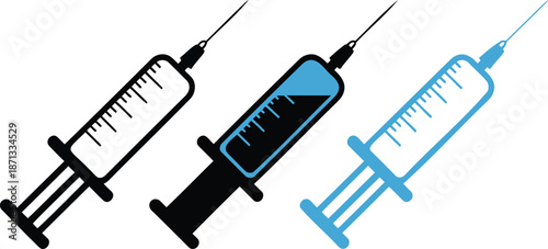 Three stylized syringes in black blue and outline medical