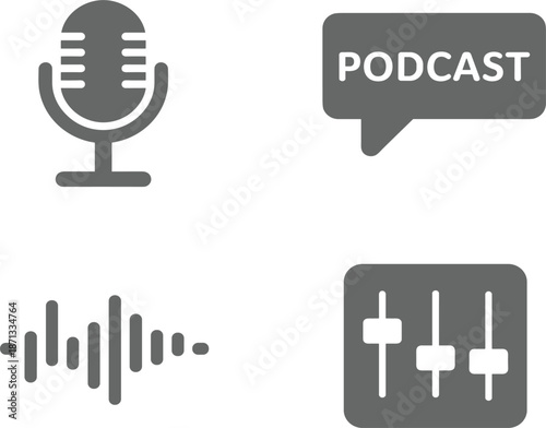 Podcast microphone and audio wave icon set, sound recording equipment for digital media and radio broadcast