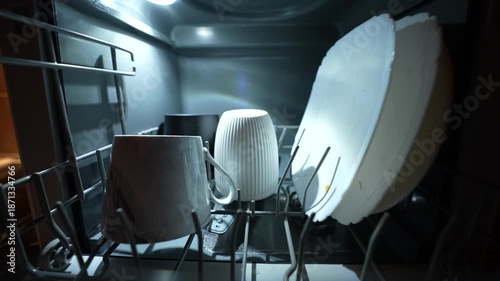 Inside view of dishwasher with mugs, cups, and plates arranged on metal rack. Soft internal light highlights textures. Dark background, focused on dishware and structure.