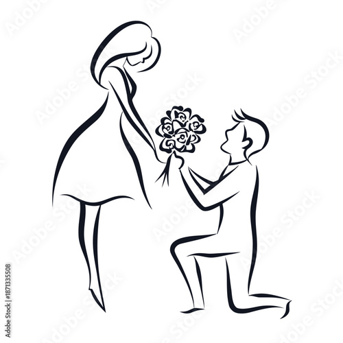 Romantic Marriage Proposal Silhouette of a Woman on One Knee Black and White Art