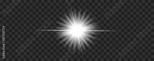 Radiant white starlight burst with soft diffusion and long horizontal rays isolated on checkered transparent background