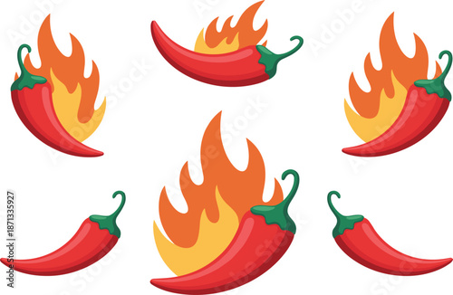 Set of red hot chili peppers with fire flames, spicy food level icons, Mexican vegetable vector