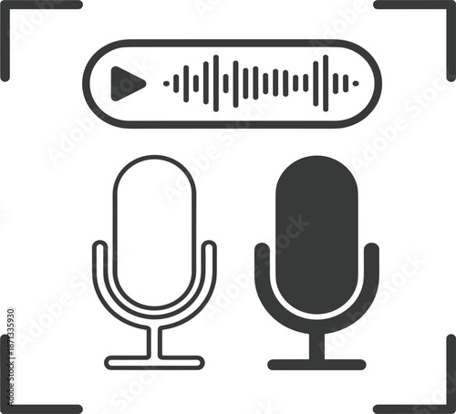 Podcast microphone and audio sound wave playback icons, digital recording equipment set for media voice broadcast