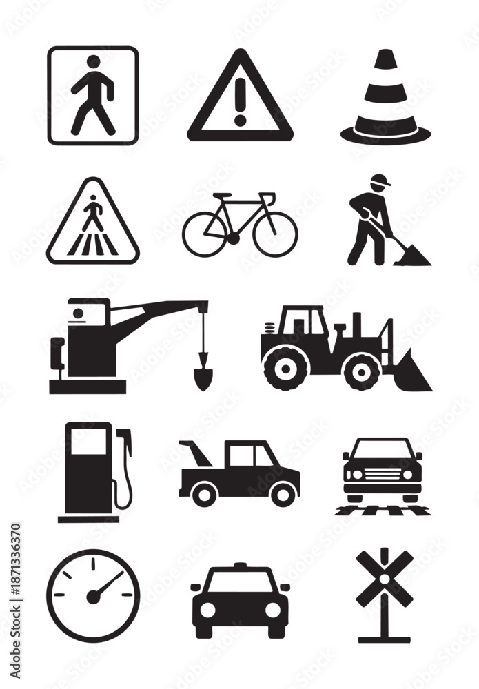 Fototapeta premium Black and white road construction and traffic signs vehicles