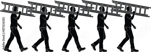 WebConstruction workers silhouette carrying long ladder together symbolizing teamwork coordination labor strength isolated black figures on white background