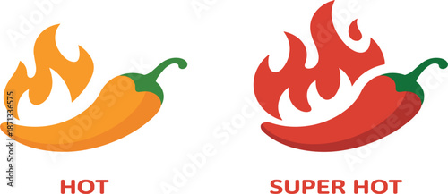 Hot and super hot chili pepper with fire flame level icons, spicy food vector illustration set