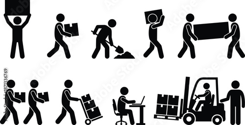 Logistics worker pictogram icon set showing material handling carrying loading forklift operation warehouse activities isolated black silhouettes