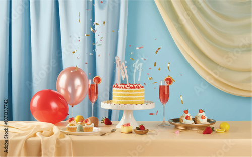 Birthday celebration with cake and glasses on table