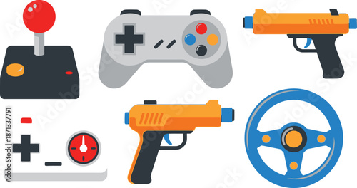 Flat design set of 6 retro gaming controllers joystick gamepad light gun paddle controller and steering wheel