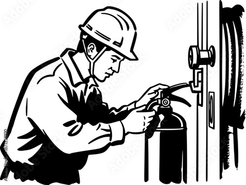 Focused worker inspecting fire safety equipment in sumi-e monoch
