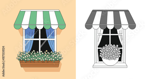 Detailed illustration of a window with a colorful green striped awning and a flower box, accompanied by a black and white line art version.