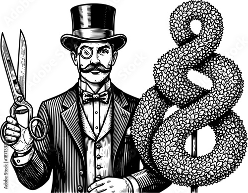 Engraved Illustration of Dapper Gardener with Topiary in Ornamen
