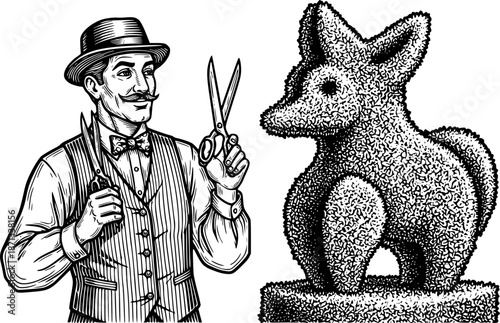 Engraved Illustration of Dapper Gardener with Topiary in Ornamen
