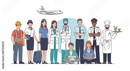 Diverse group of multi-ethnic professionals from different careers like doctor, pilot, chef, and office worker standing together in unity.