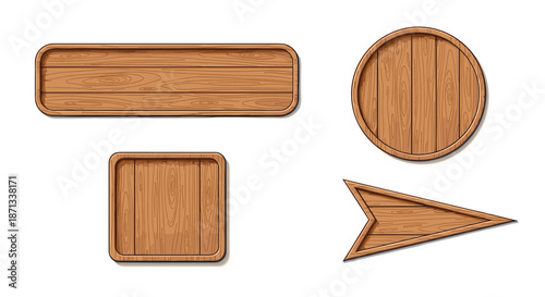 Collection of various blank wooden signs in different shapes including rectangular, square, circular, and arrow styles for rustic design projects.