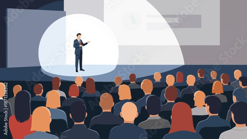 Professional speaker delivering an engaging presentation to a large audience at a corporate conference or educational event, illuminated by a spotlight on stage