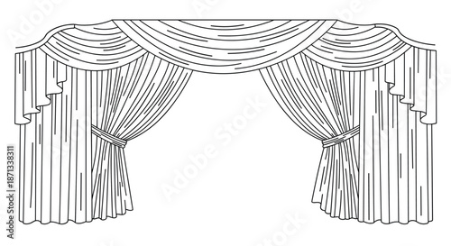 Large ornate theater or stage curtain with elegant swags, drapes, and fabric folds, presented as a clean black and white line drawing.