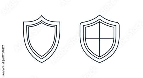 Two simple black outline icons of protective shields, one empty and one divided into four segments, representing security and defense.