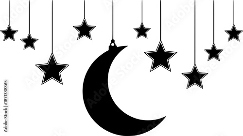 Crescent moon and stars hanging silhouettes for decorative elements, Moon and stars hanging ornaments silhouettes, Decorative hanging crescent moon and stars silhouettes, Moon and stars silhouettes