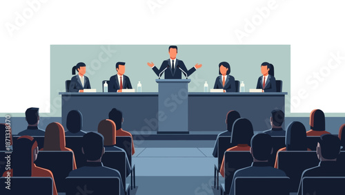 Engaging public speaking illustration depicting a male speaker at a podium, addressing an attentive audience and a professional panel during a conference or seminar