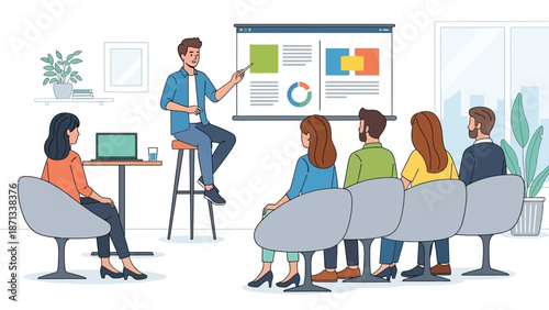A dynamic business presentation or training session in a modern office, featuring a male speaker engaging an attentive audience with visual aids and technology for effective learning and collaboration