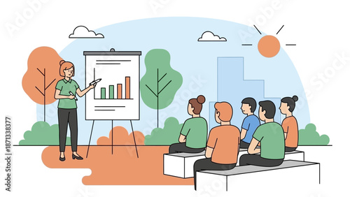 Engaging Outdoor Business Presentation Female Speaker Explains Bar Chart Analytics to Diverse Audience in a Serene Park Setting, Fostering Learning and Development
