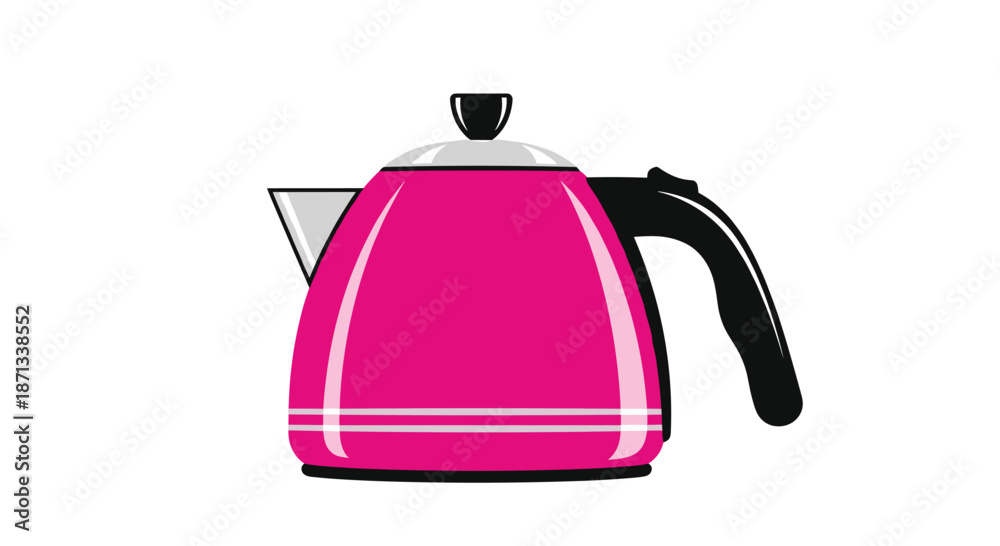 Obraz premium Modern pink electric kettle with a black handle and base featuring a sleek design and white decorative stripes on its glossy body.